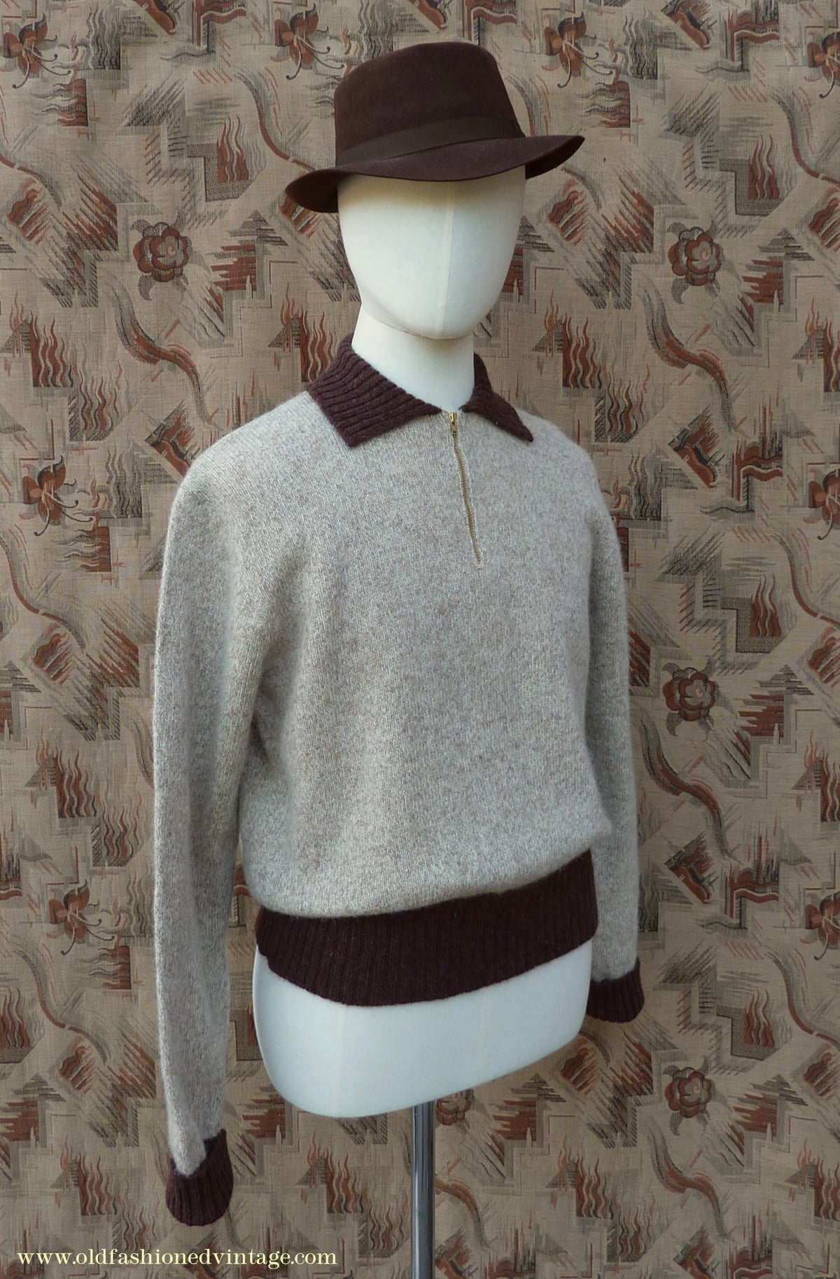 Old Fashioned Garments Vintage Reproduction 1940s Mens Zip Neck Jumper Two Tone Oatmeal & Brown Polo Collar Sweater Lumberjacket  L
