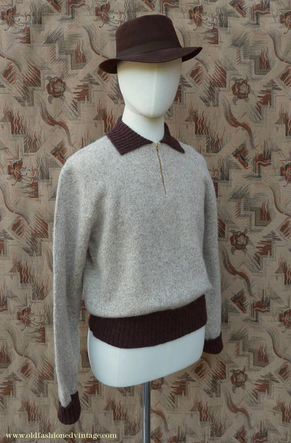 Old Fashioned Garments Vintage Reproduction 1940s Mens Zip Neck Jumper Two Tone Oatmeal & Brown Polo Collar Sweater Lumberjacket  L