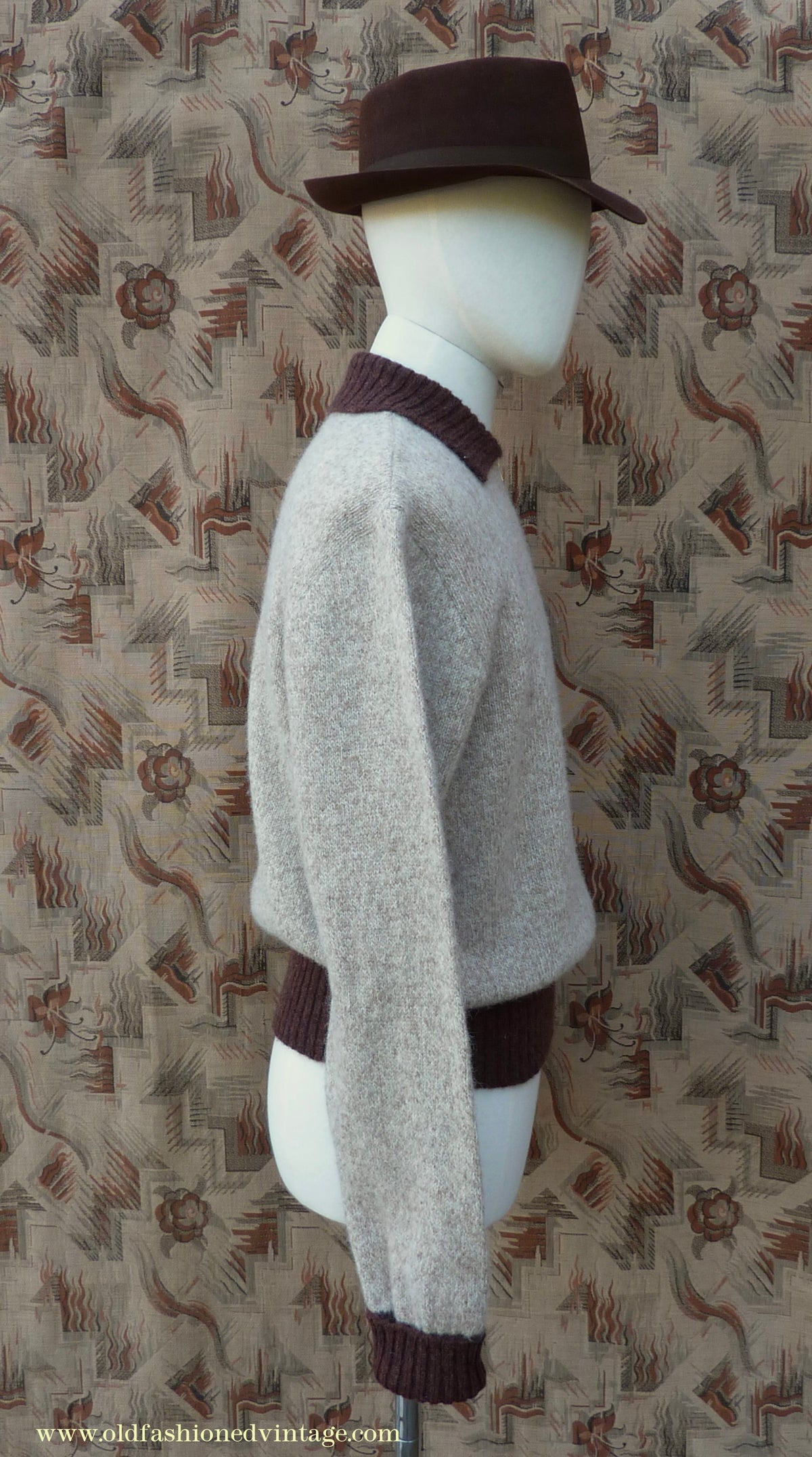 Old Fashioned Garments Vintage Reproduction 1940s Mens Zip Neck Jumper Two Tone Oatmeal & Brown Polo Collar Sweater Lumberjacket  L