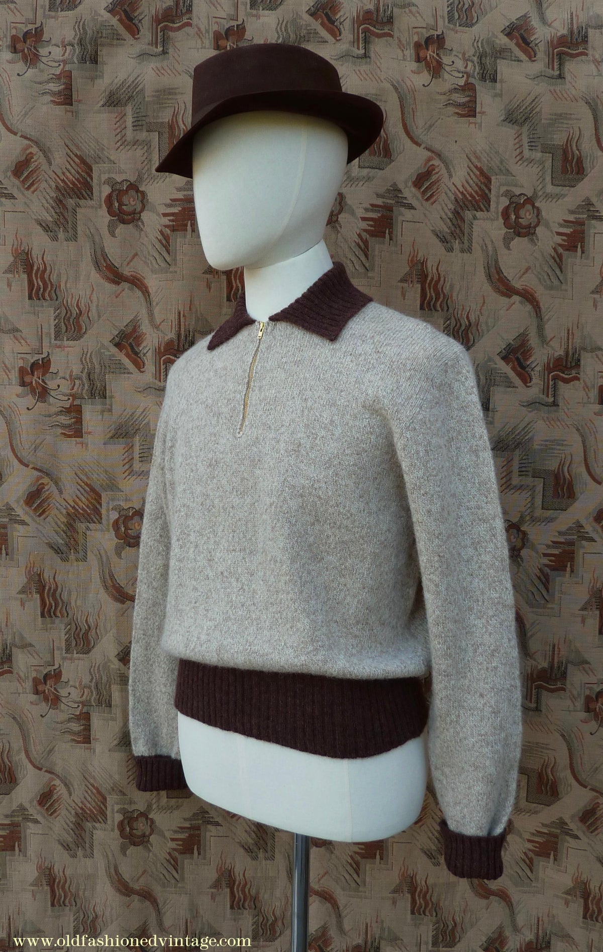 Old Fashioned Garments Vintage Reproduction 1940s Mens Zip Neck Jumper Two Tone Oatmeal & Brown Polo Collar Sweater Lumberjacket  L