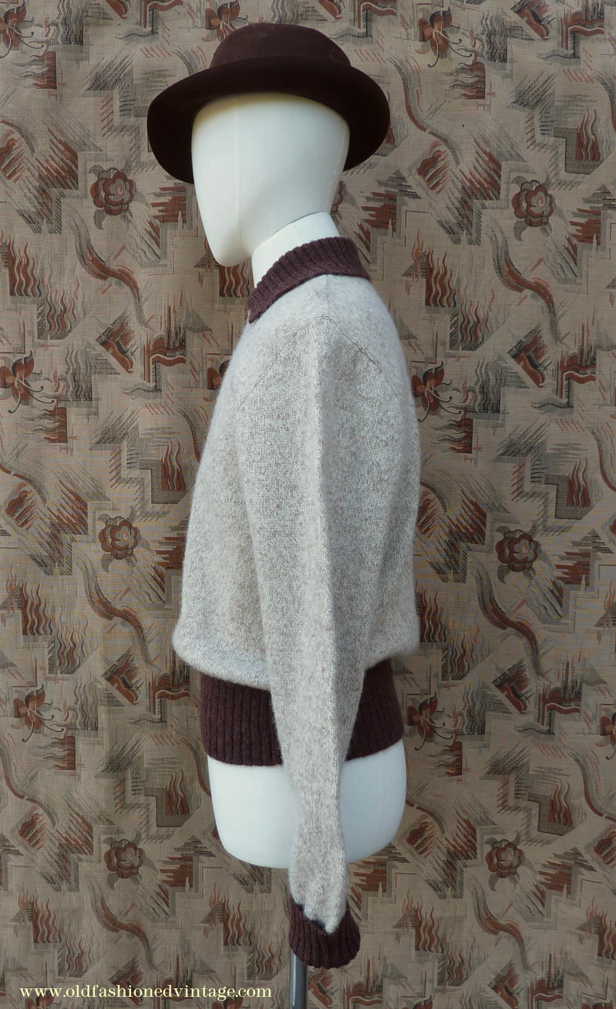 Old Fashioned Garments Vintage Reproduction 1940s Mens Zip Neck Jumper Two Tone Oatmeal & Brown Polo Collar Sweater Lumberjacket  L