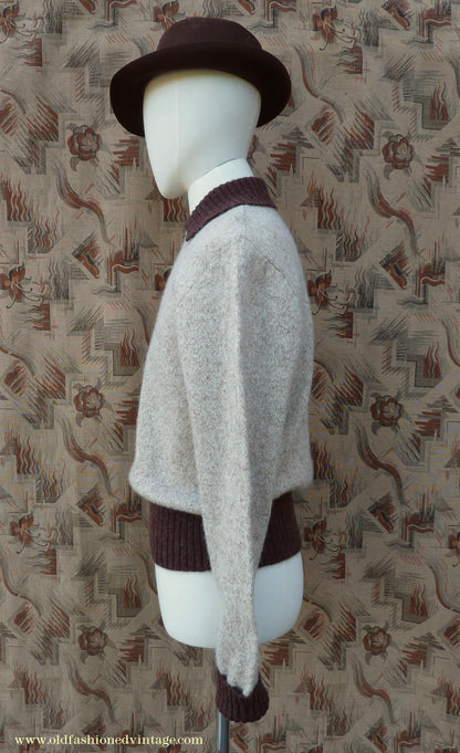 Old Fashioned Garments Vintage Reproduction 1940s Mens Zip Neck Jumper Two Tone Oatmeal & Brown Polo Collar Sweater Lumberjacket  L