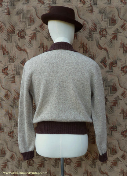 Old Fashioned Garments Vintage Reproduction 1940s Mens Zip Neck Jumper Two Tone Oatmeal & Brown Polo Collar Sweater Lumberjacket  L