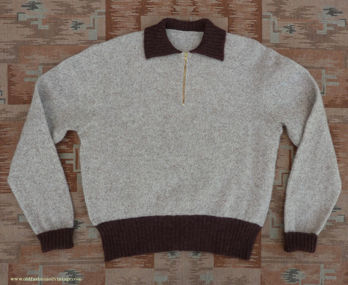Old Fashioned Garments Vintage Reproduction 1940s Mens Zip Neck Jumper Two Tone Oatmeal & Brown Polo Collar Sweater Lumberjacket  L