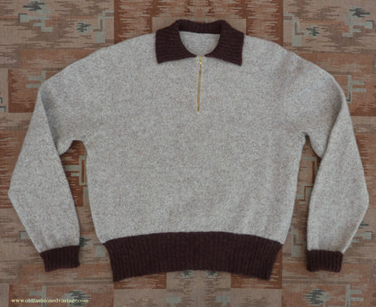 Old Fashioned Garments Vintage Reproduction 1940s Mens Zip Neck Jumper Two Tone Oatmeal & Brown Polo Collar Sweater Lumberjacket  L