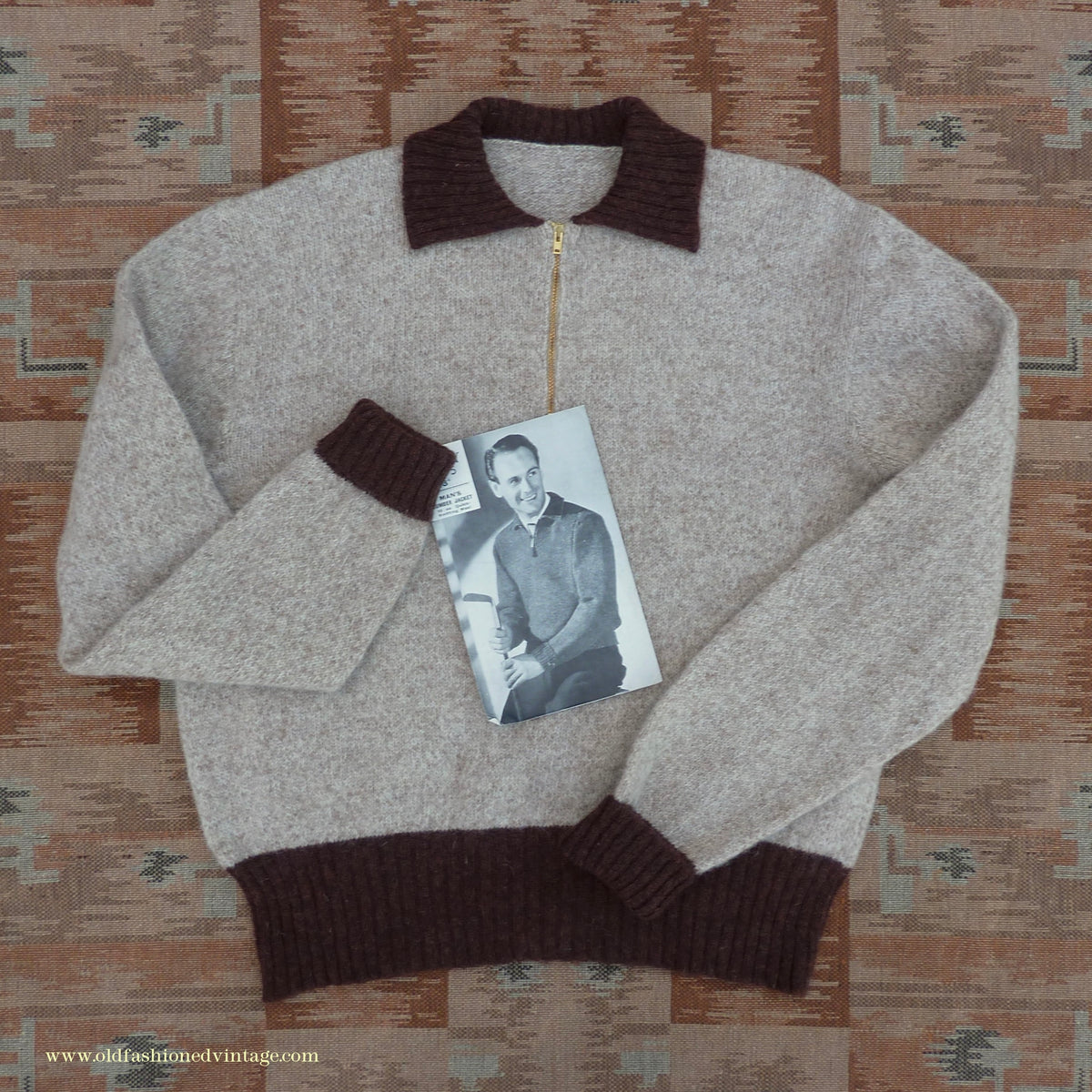 Old Fashioned Garments Vintage Reproduction 1940s Mens Zip Neck Jumper Two Tone Oatmeal & Brown Polo Collar Sweater Lumberjacket  L