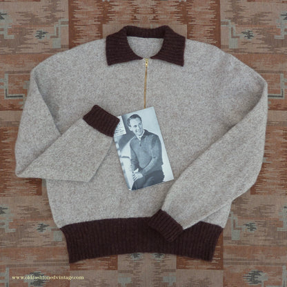 Old Fashioned Garments Vintage Reproduction 1940s Mens Zip Neck Jumper Two Tone Oatmeal & Brown Polo Collar Sweater Lumberjacket  L