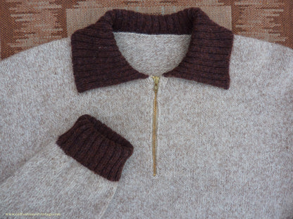 Old Fashioned Garments Vintage Reproduction 1940s Mens Zip Neck Jumper Two Tone Oatmeal & Brown Polo Collar Sweater Lumberjacket  L