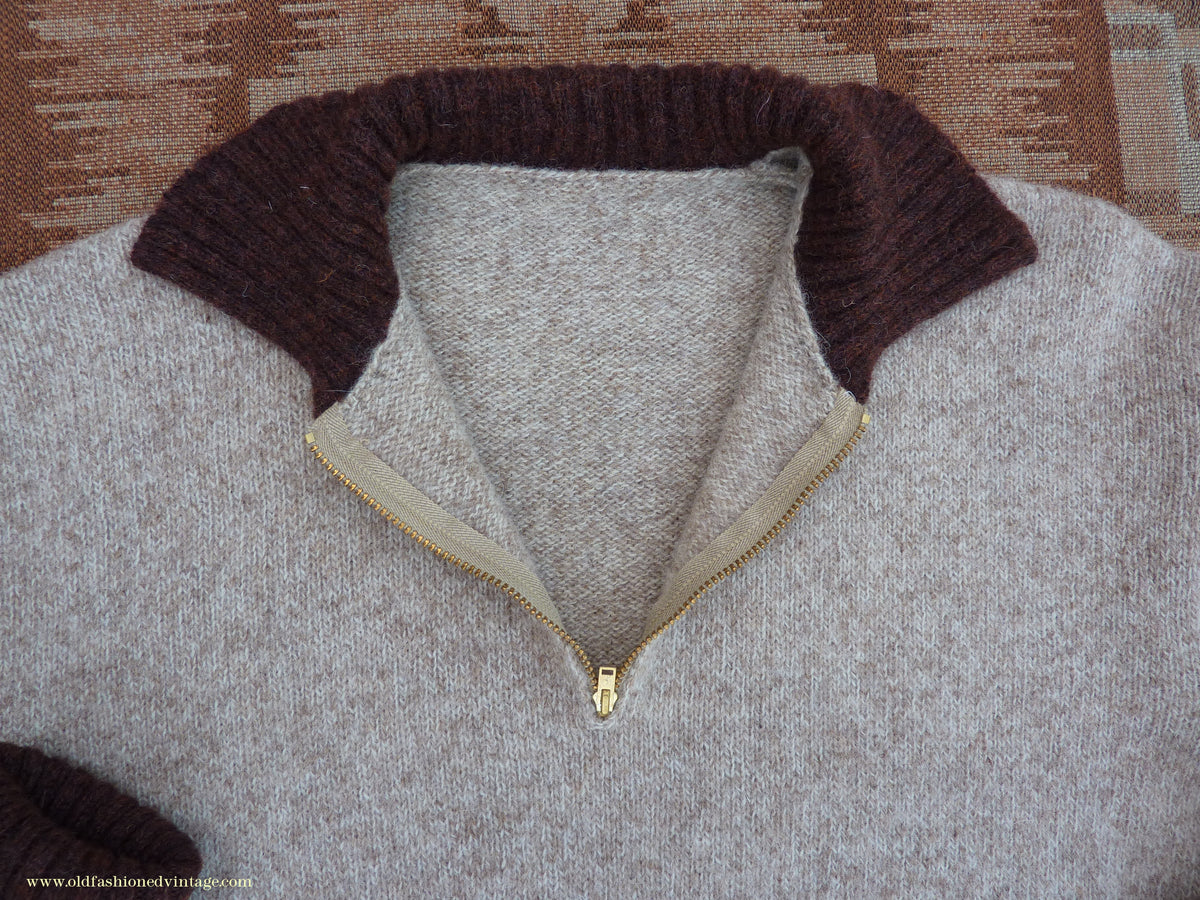 Old Fashioned Garments Vintage Reproduction 1940s Mens Zip Neck Jumper Two Tone Oatmeal & Brown Polo Collar Sweater Lumberjacket  L