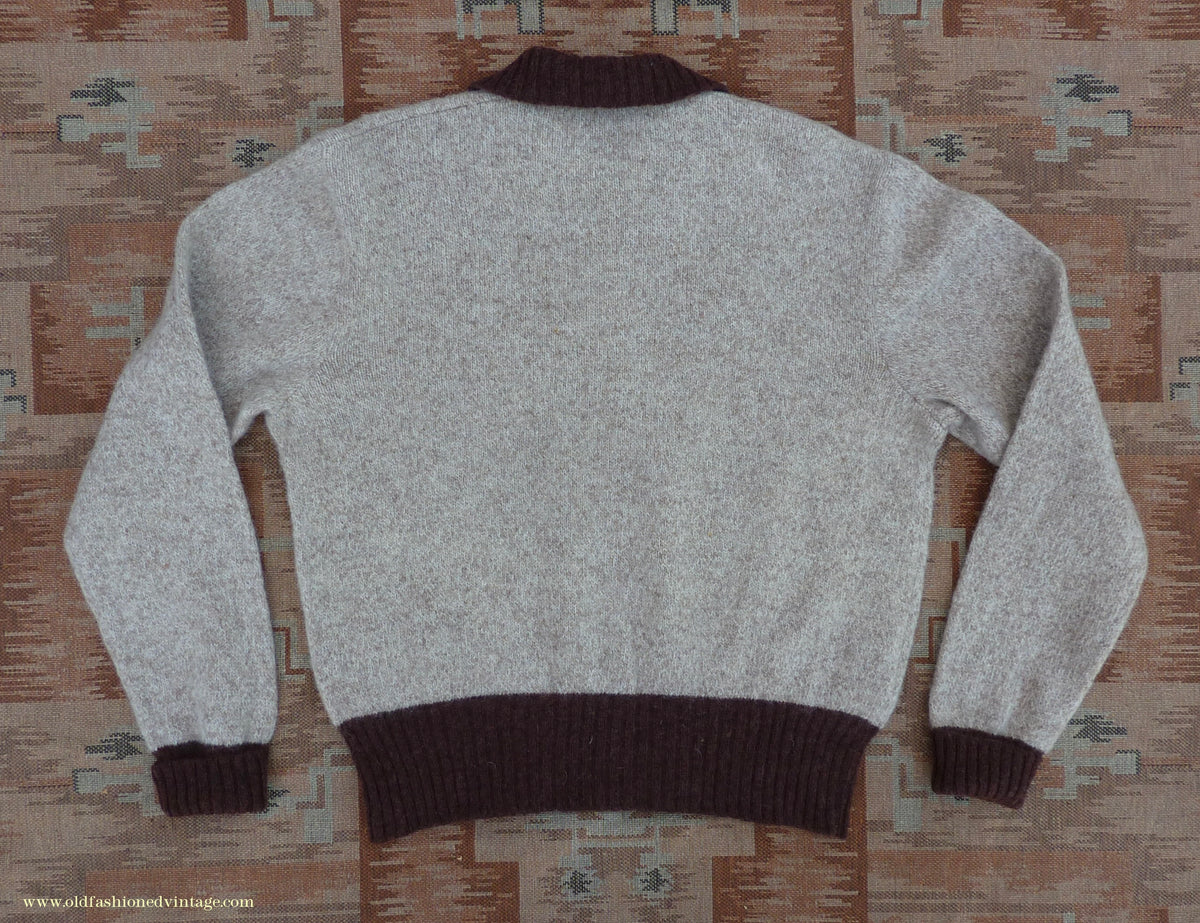 Old Fashioned Garments Vintage Reproduction 1940s Mens Zip Neck Jumper Two Tone Oatmeal & Brown Polo Collar Sweater Lumberjacket  L