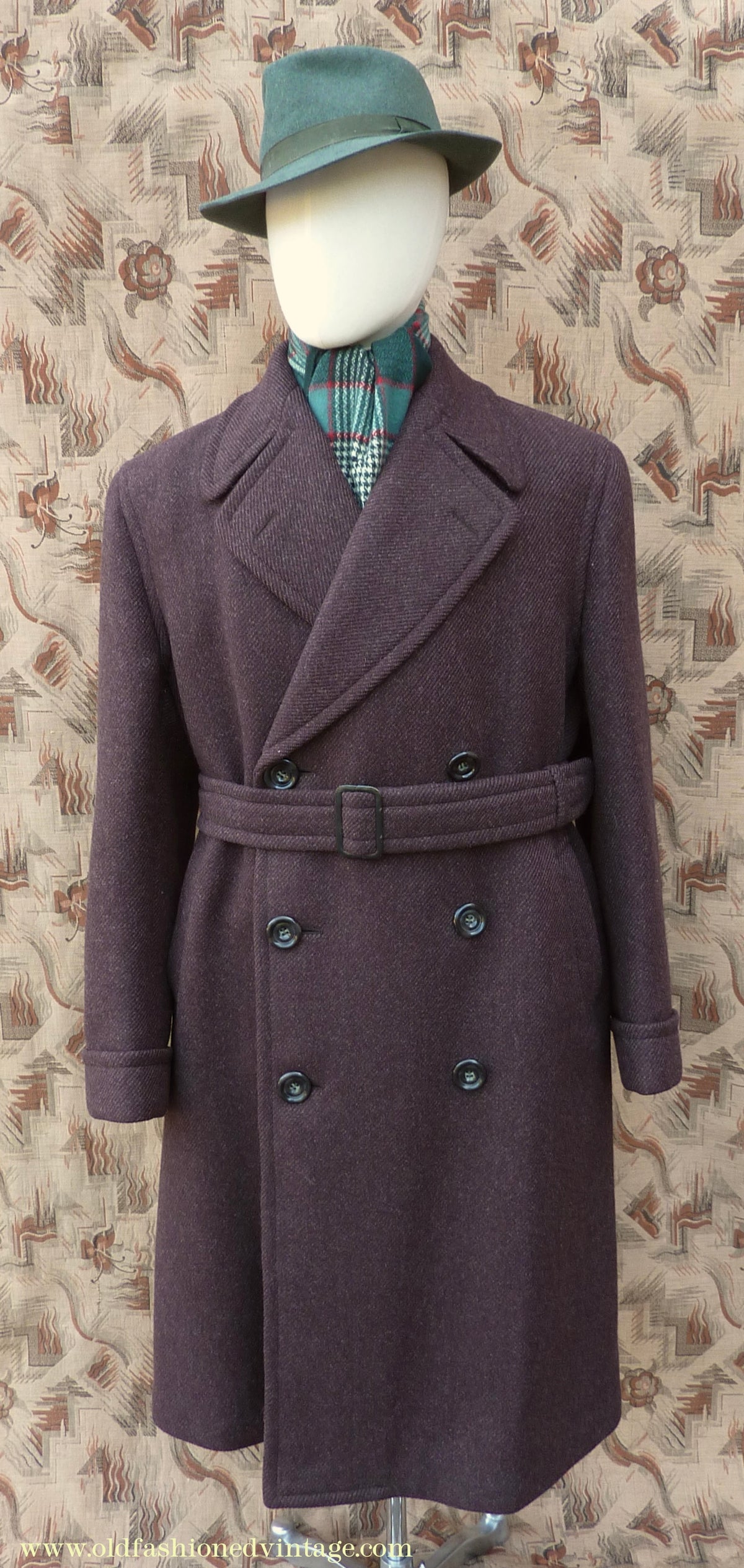 Vintage Mens 1940s Drescott Double Breasted Overcoat Coat Dark Brown Diagonal Wool DB Belted 42" L