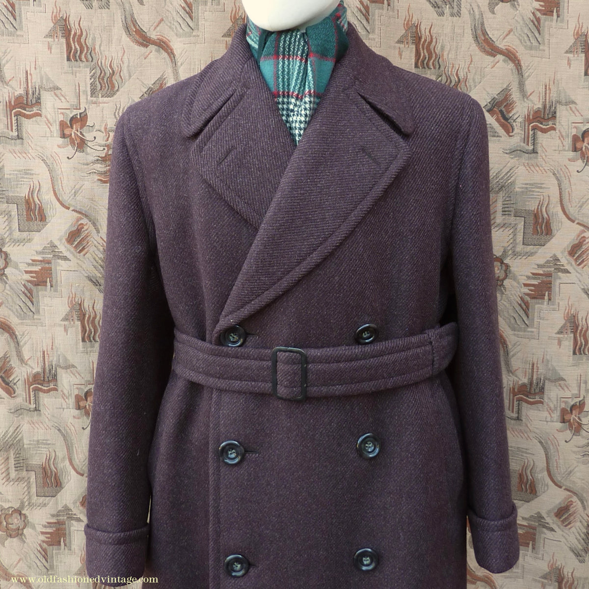 Vintage Mens 1940s Drescott Double Breasted Overcoat Coat Dark Brown Diagonal Wool DB Belted 42" L