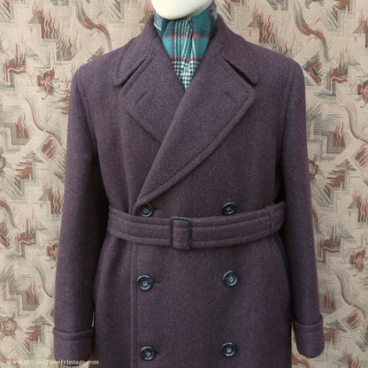 Vintage Mens 1940s Drescott Double Breasted Overcoat Coat Dark Brown Diagonal Wool DB Belted 42" L