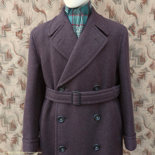 Vintage Mens 1940s Drescott Double Breasted Overcoat Coat Dark Brown Diagonal Wool DB Belted 42" L