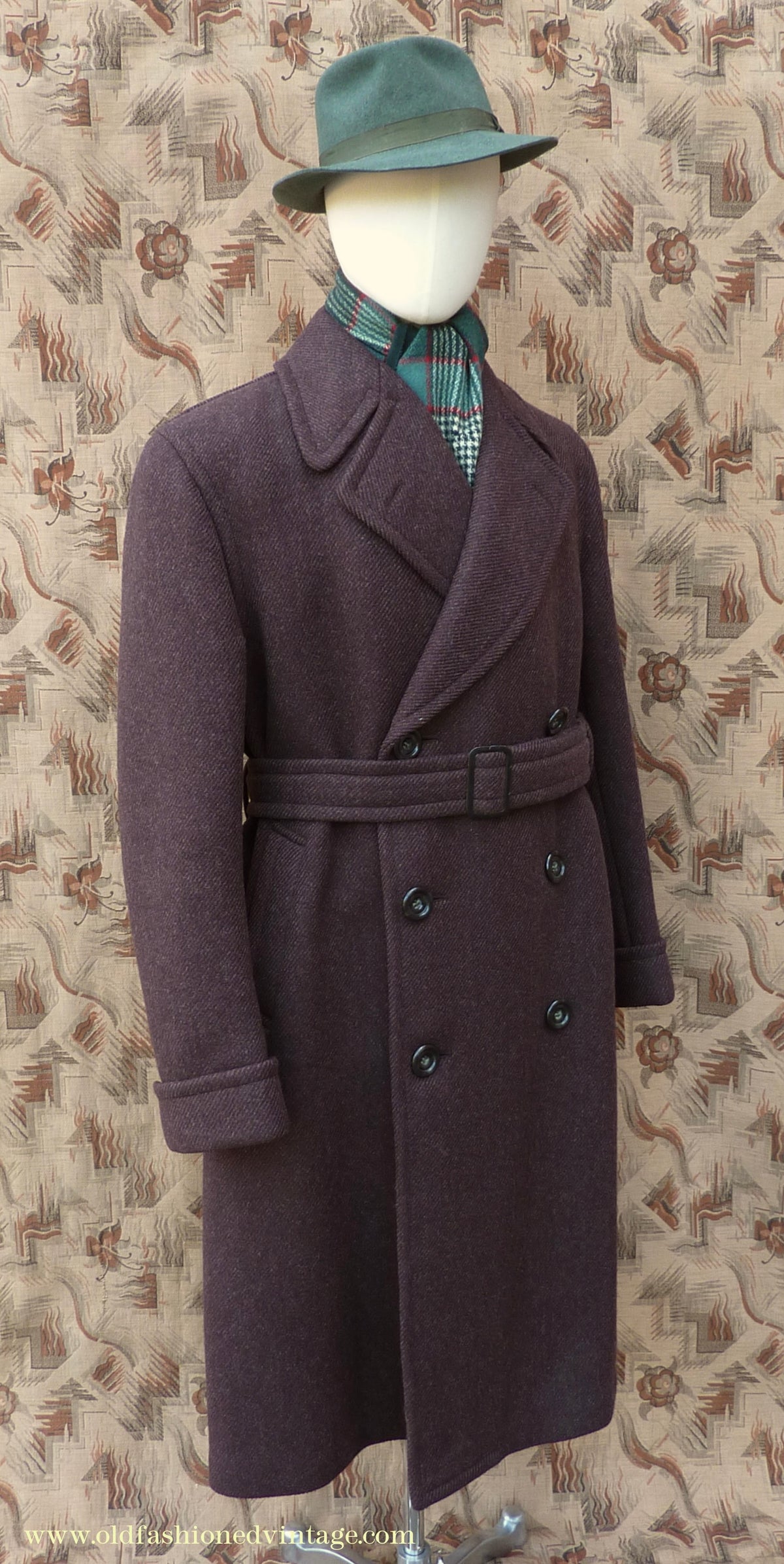 Vintage Mens 1940s Drescott Double Breasted Overcoat Coat Dark Brown Diagonal Wool DB Belted 42" L