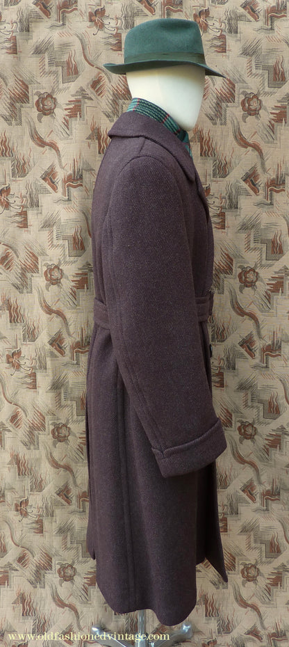 Vintage Mens 1940s Drescott Double Breasted Overcoat Coat Dark Brown Diagonal Wool DB Belted 42" L