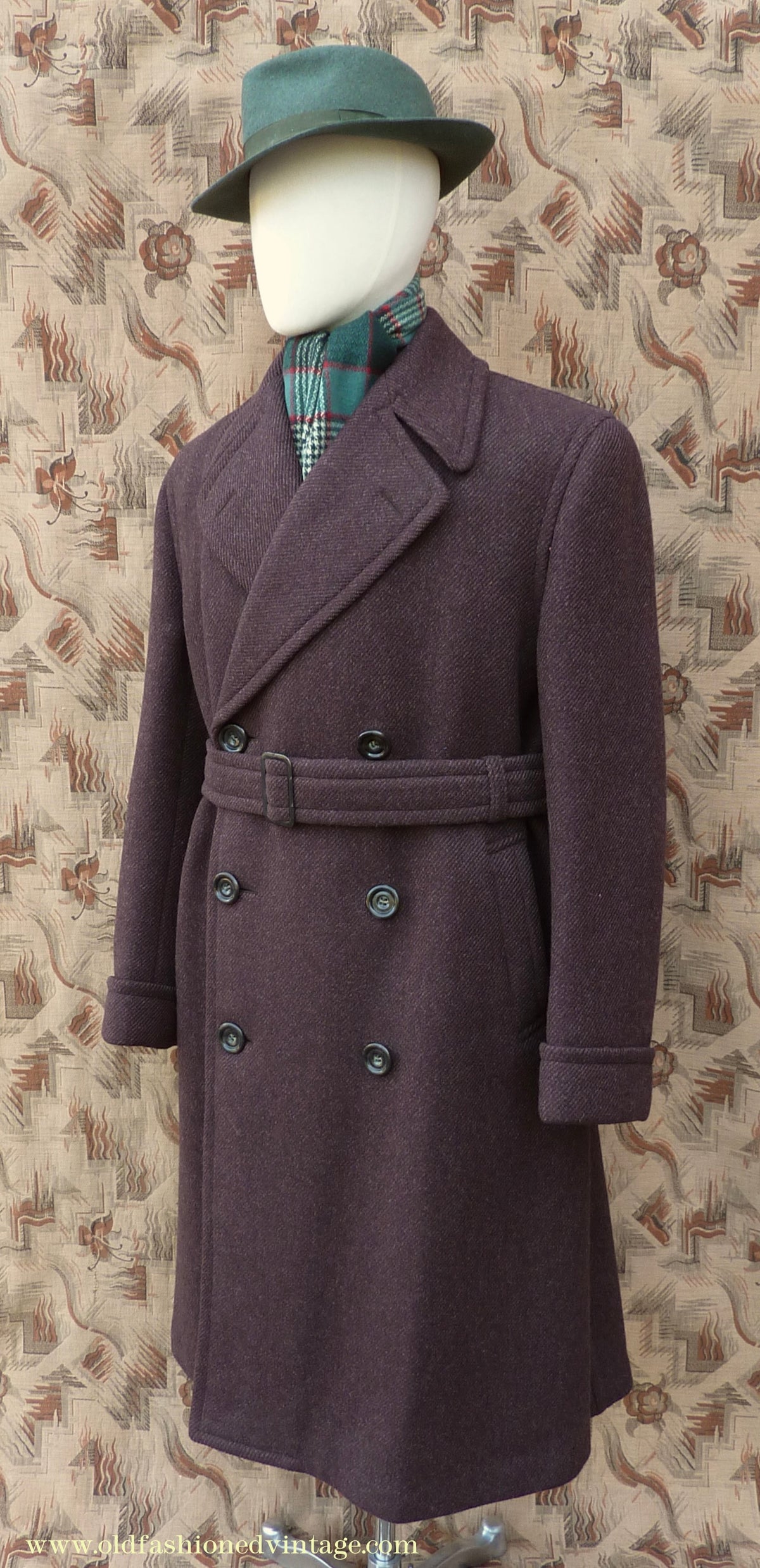 Vintage Mens 1940s Drescott Double Breasted Overcoat Coat Dark Brown Diagonal Wool DB Belted 42" L