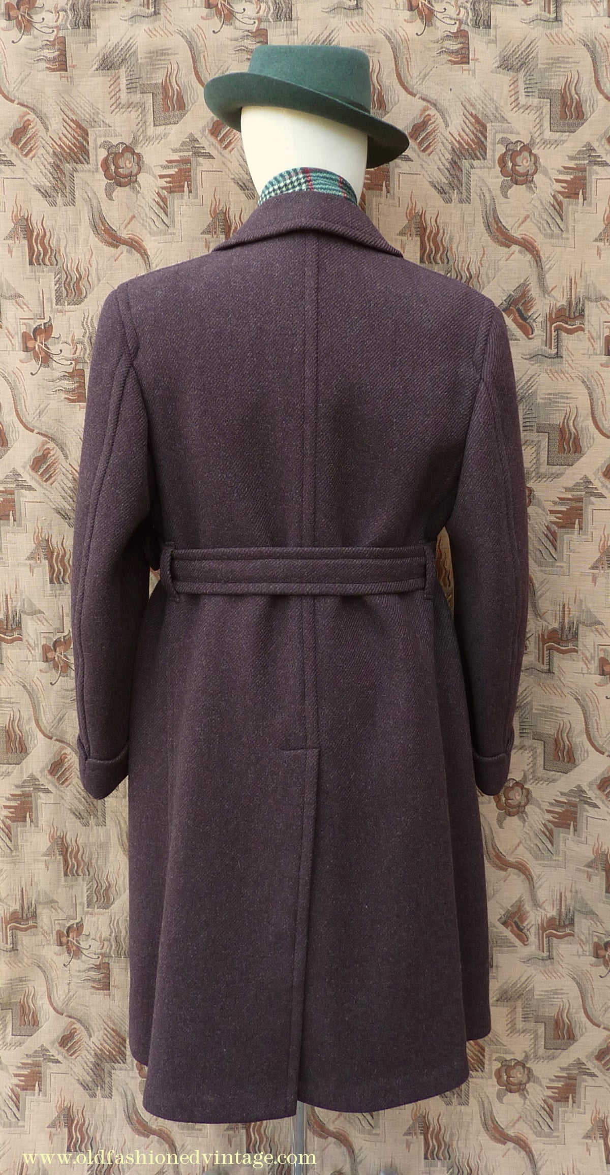 Vintage Mens 1940s Drescott Double Breasted Overcoat Coat Dark Brown Diagonal Wool DB Belted 42" L