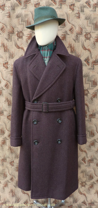 Vintage Mens 1940s Drescott Double Breasted Overcoat Coat Dark Brown Diagonal Wool DB Belted 42" L