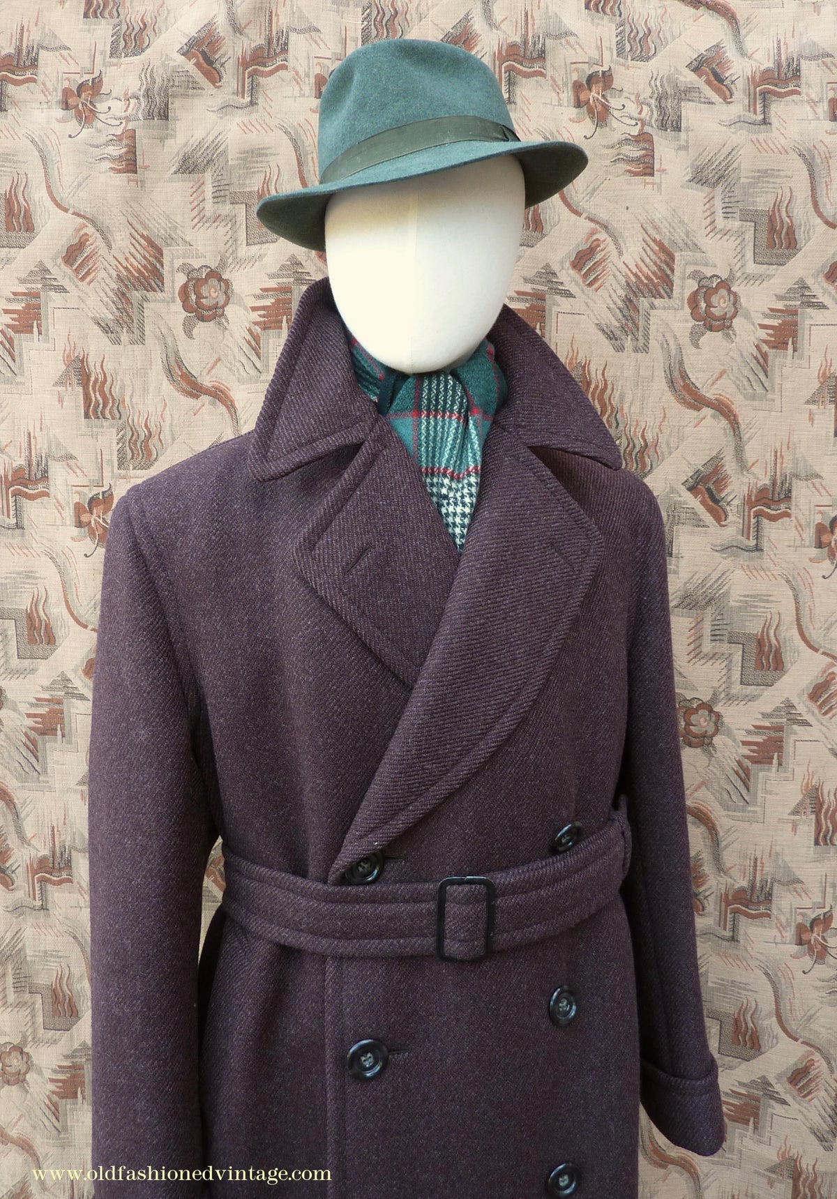 Vintage Mens 1940s Drescott Double Breasted Overcoat Coat Dark Brown Diagonal Wool DB Belted 42" L