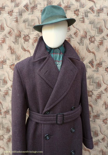 Vintage Mens 1940s Drescott Double Breasted Overcoat Coat Dark Brown Diagonal Wool DB Belted 42" L