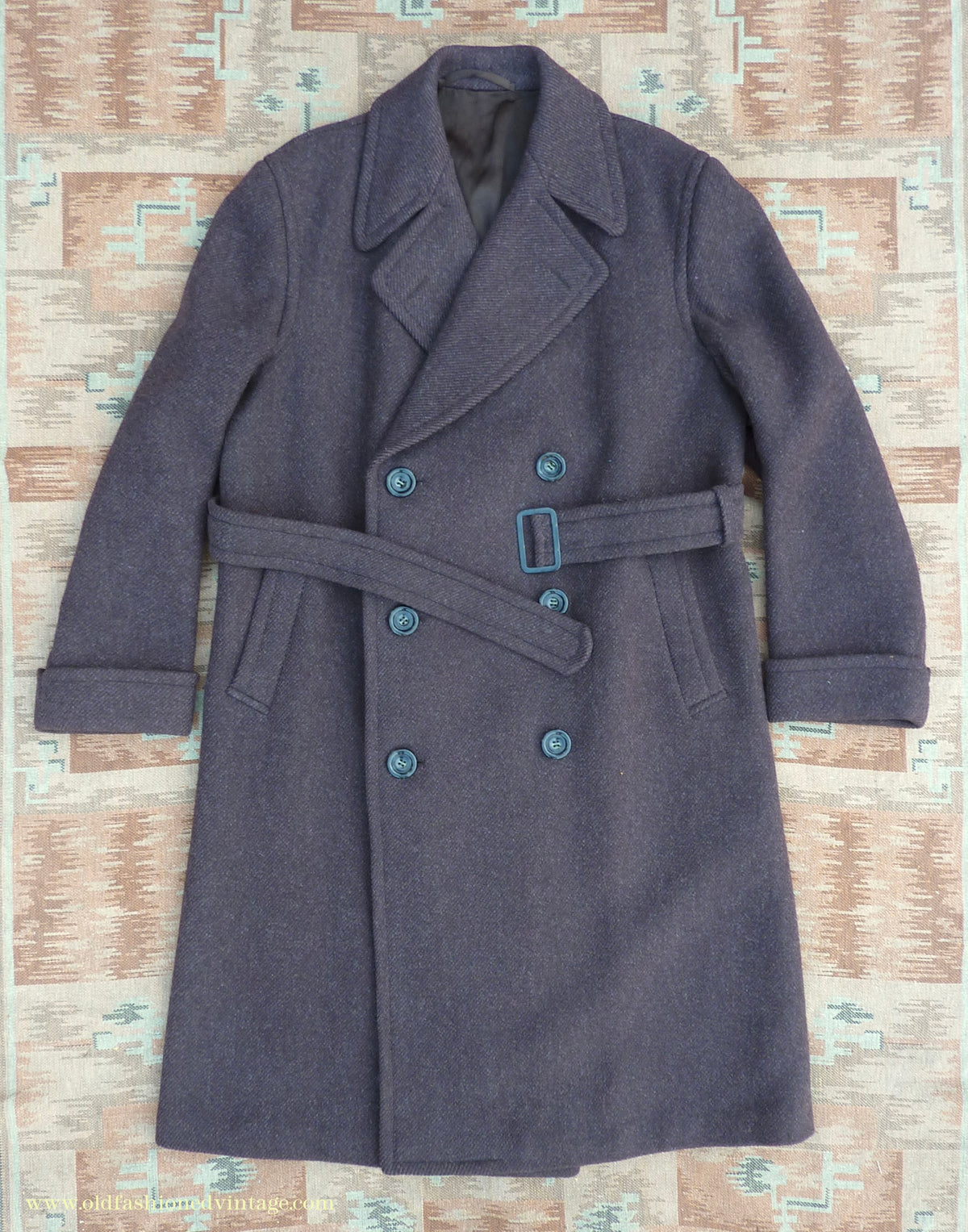 Vintage Mens 1940s Drescott Double Breasted Overcoat Coat Dark Brown Diagonal Wool DB Belted 42" L