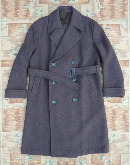 Vintage Mens 1940s Drescott Double Breasted Overcoat Coat Dark Brown Diagonal Wool DB Belted 42" L