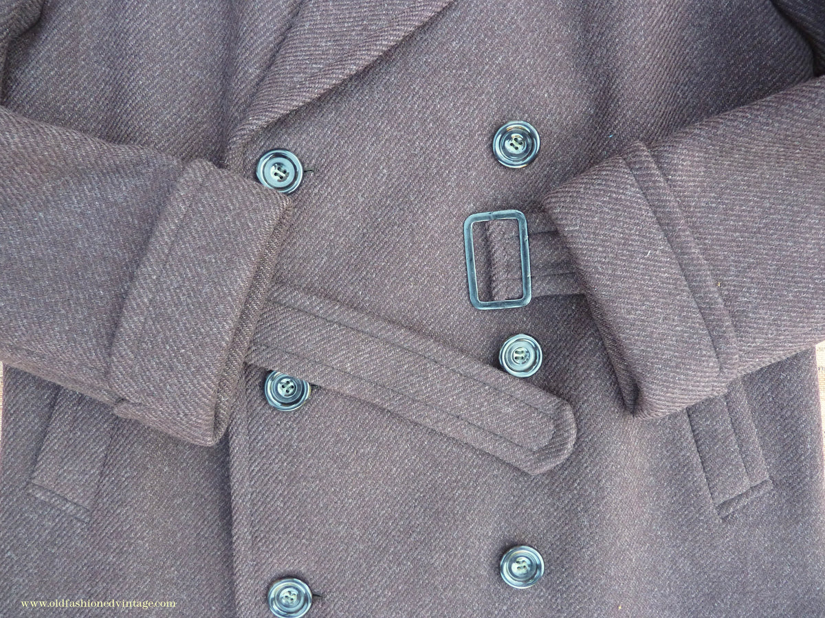 Vintage Mens 1940s Drescott Double Breasted Overcoat Coat Dark Brown Diagonal Wool DB Belted 42" L