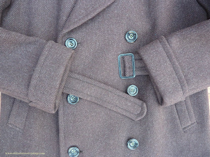 Vintage Mens 1940s Drescott Double Breasted Overcoat Coat Dark Brown Diagonal Wool DB Belted 42" L