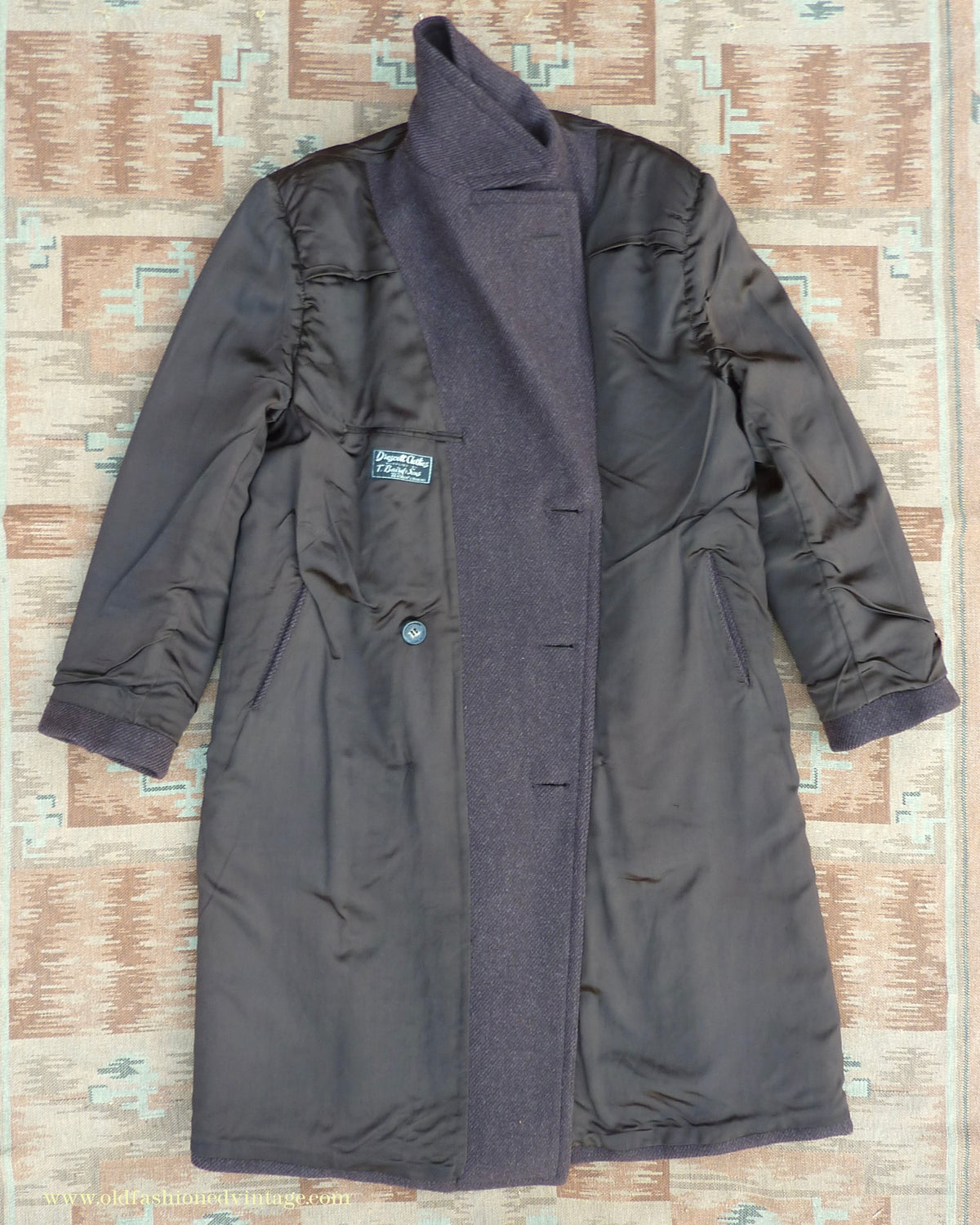 Vintage Mens 1940s Drescott Double Breasted Overcoat Coat Dark Brown Diagonal Wool DB Belted 42" L