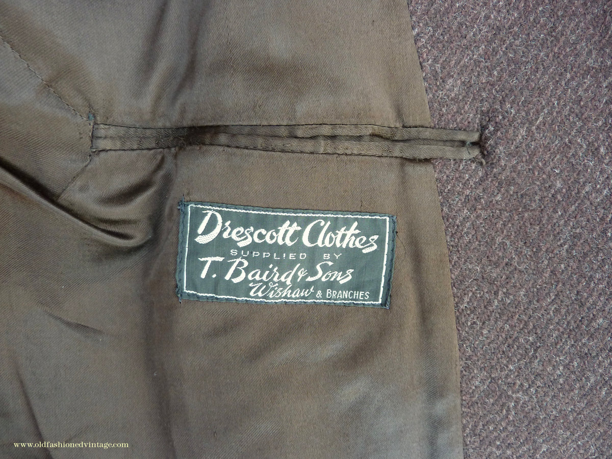 Vintage Mens 1940s Drescott Double Breasted Overcoat Coat Dark Brown Diagonal Wool DB Belted 42" L