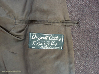 Vintage Mens 1940s Drescott Double Breasted Overcoat Coat Dark Brown Diagonal Wool DB Belted 42" L