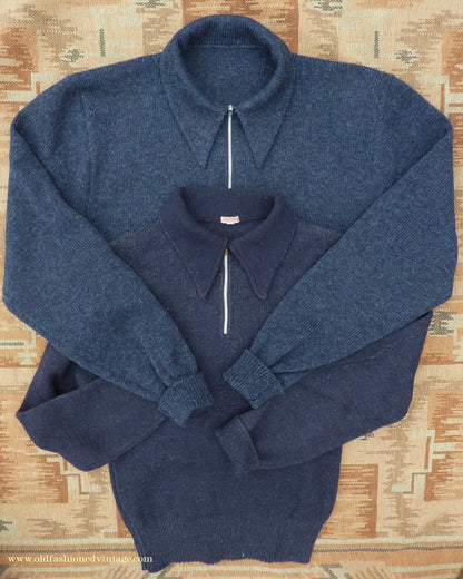 Old Fashioned Garments Vintage Reproduction 1940s Mens Long Collar Zip Neck Jumper Light Grey Melange Wool Polo Sweater L
