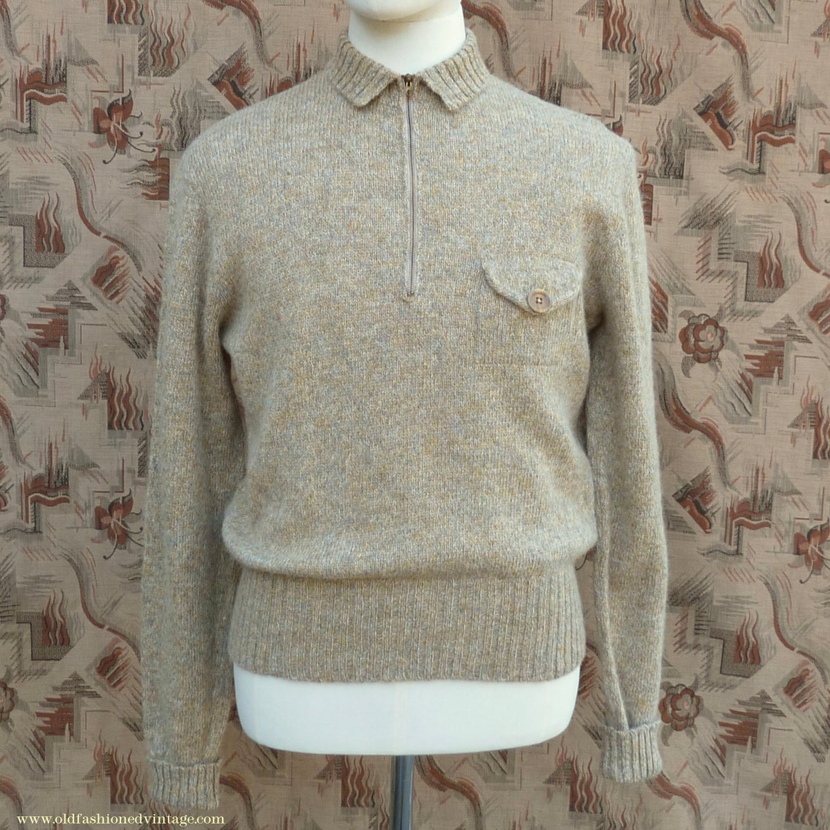 Old Fashioned Garments Vintage Reproduction 1930s 1940s Mens Zip Neck Chest Pocket Jumper Natural Straw Beige Melange Polo Sweater M/L