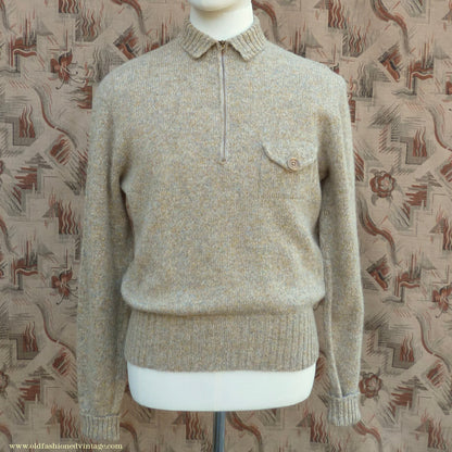 Old Fashioned Garments Vintage Reproduction 1930s 1940s Mens Zip Neck Chest Pocket Jumper Natural Straw Beige Melange Polo Sweater M/L