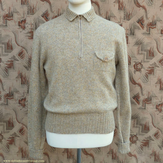 Old Fashioned Garments Vintage Reproduction 1930s 1940s Mens Zip Neck Chest Pocket Jumper Natural Straw Beige Melange Polo Sweater M/L