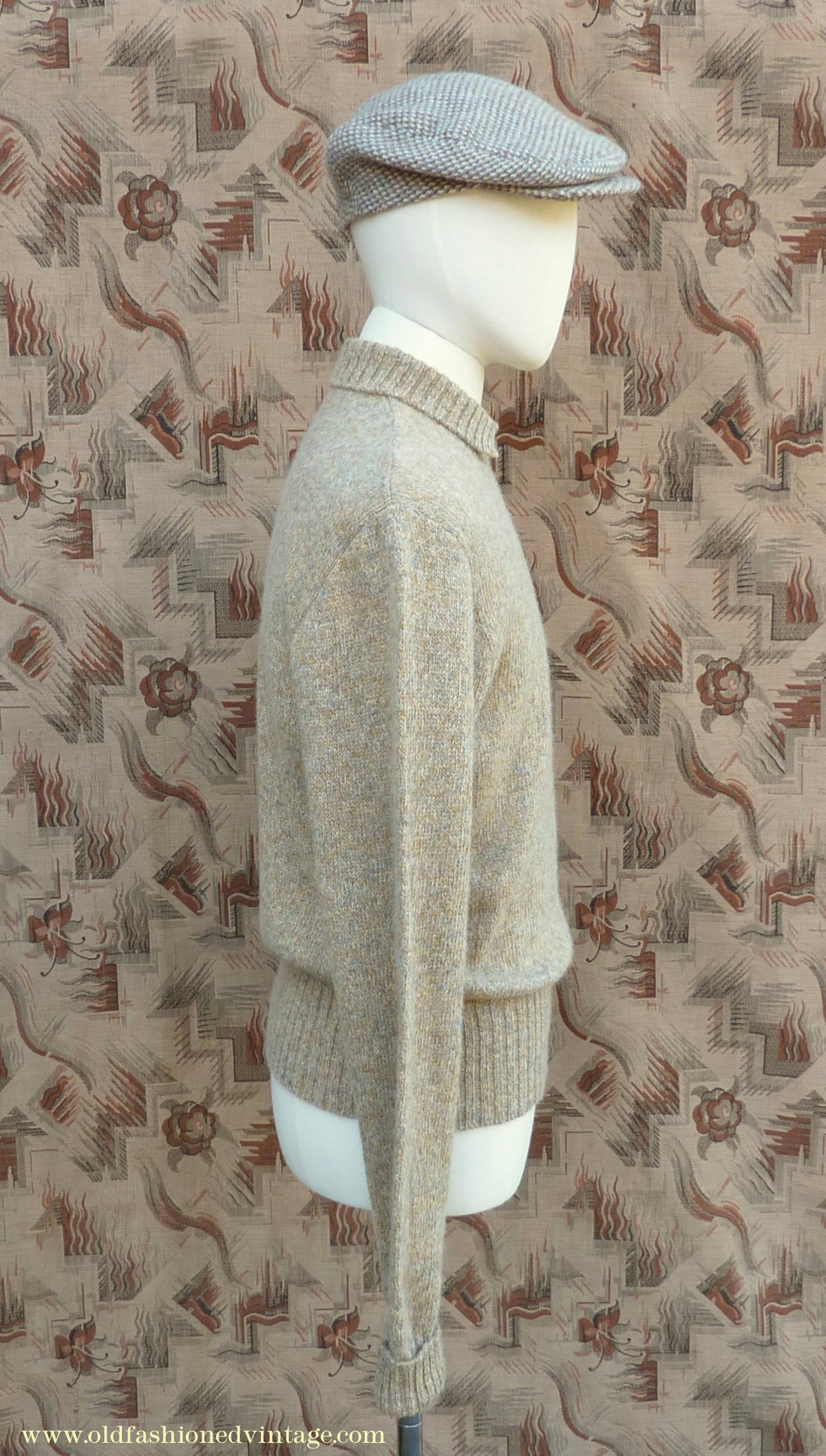 Old Fashioned Garments Vintage Reproduction 1930s 1940s Mens Zip Neck Chest Pocket Jumper Natural Straw Beige Melange Polo Sweater M/L