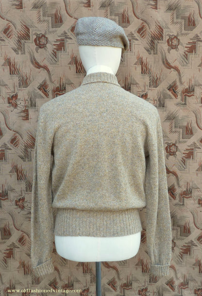 Old Fashioned Garments Vintage Reproduction 1930s 1940s Mens Zip Neck Chest Pocket Jumper Natural Straw Beige Melange Polo Sweater M/L
