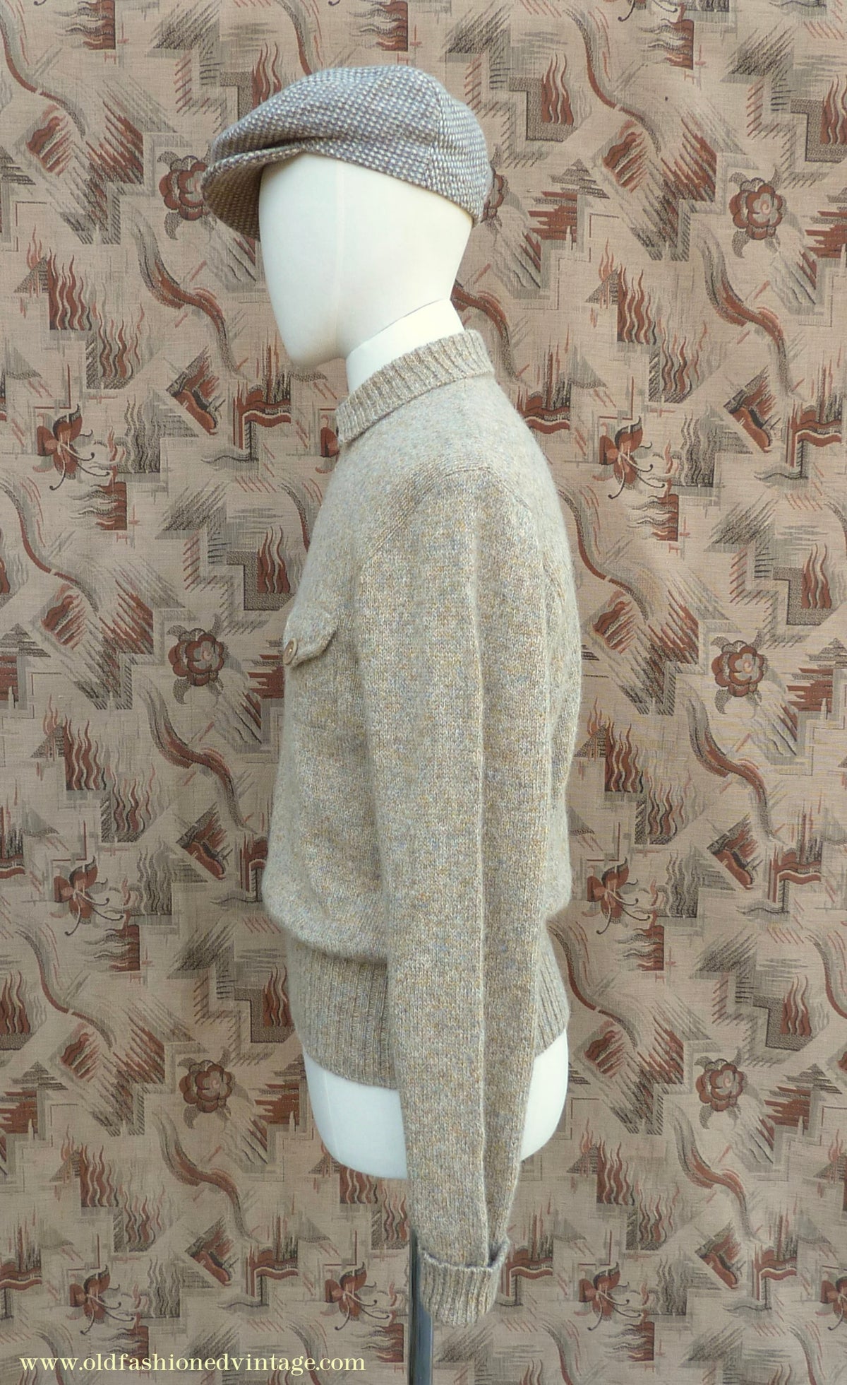 Old Fashioned Garments Vintage Reproduction 1930s 1940s Mens Zip Neck Chest Pocket Jumper Natural Straw Beige Melange Polo Sweater M/L