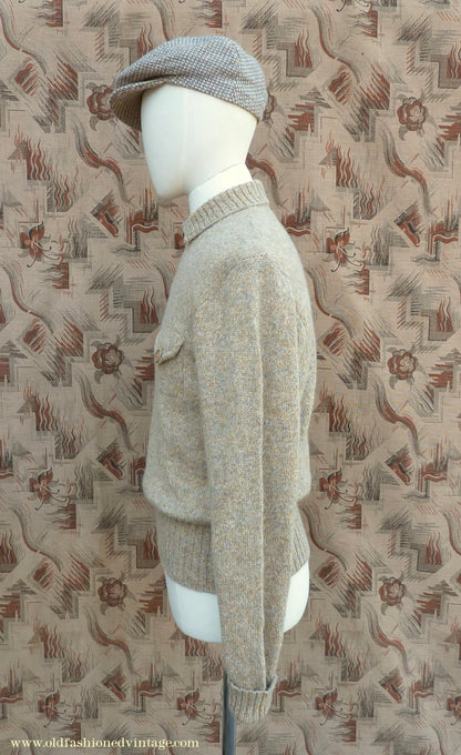 Old Fashioned Garments Vintage Reproduction 1930s 1940s Mens Zip Neck Chest Pocket Jumper Natural Straw Beige Melange Polo Sweater M/L