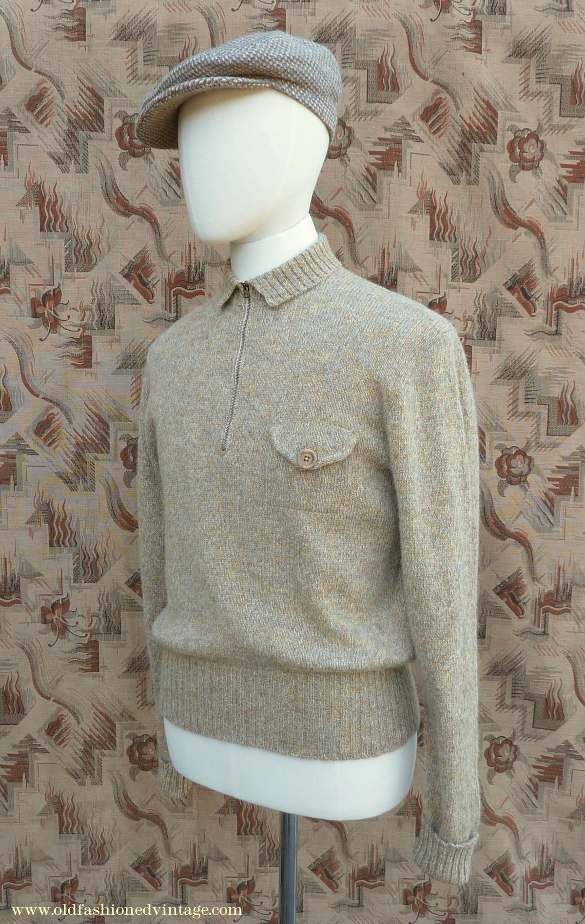 Old Fashioned Garments Vintage Reproduction 1930s 1940s Mens Zip Neck Chest Pocket Jumper Natural Straw Beige Melange Polo Sweater M/L