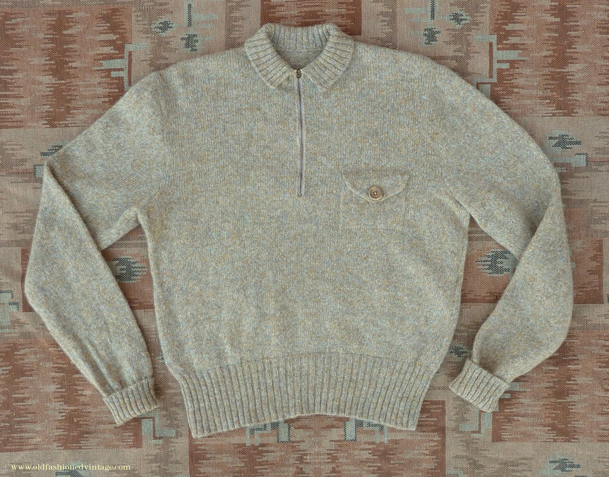 Old Fashioned Garments Vintage Reproduction 1930s 1940s Mens Zip Neck Chest Pocket Jumper Natural Straw Beige Melange Polo Sweater M/L