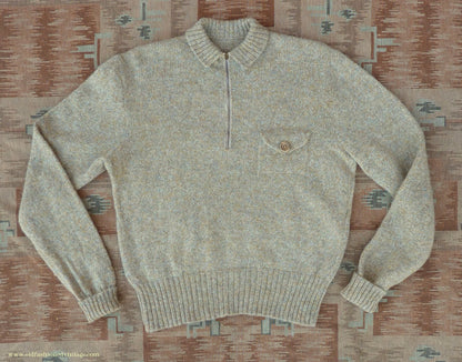 Old Fashioned Garments Vintage Reproduction 1930s 1940s Mens Zip Neck Chest Pocket Jumper Natural Straw Beige Melange Polo Sweater M/L