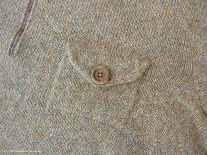 Old Fashioned Garments Vintage Reproduction 1930s 1940s Mens Zip Neck Chest Pocket Jumper Natural Straw Beige Melange Polo Sweater M/L
