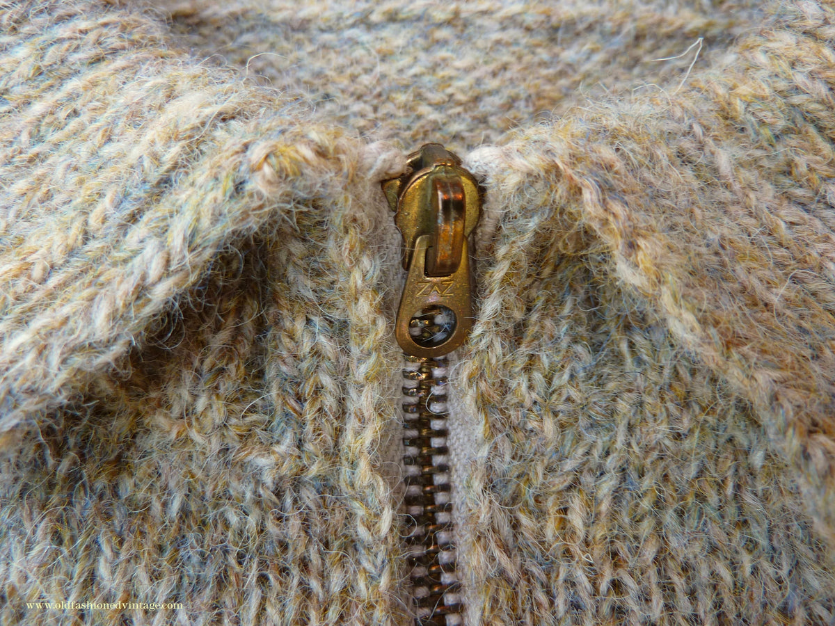 Old Fashioned Garments Vintage Reproduction 1930s 1940s Mens Zip Neck Chest Pocket Jumper Natural Straw Beige Melange Polo Sweater M/L