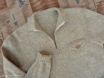 Old Fashioned Garments Vintage Reproduction 1930s 1940s Mens Zip Neck Chest Pocket Jumper Natural Straw Beige Melange Polo Sweater M/L