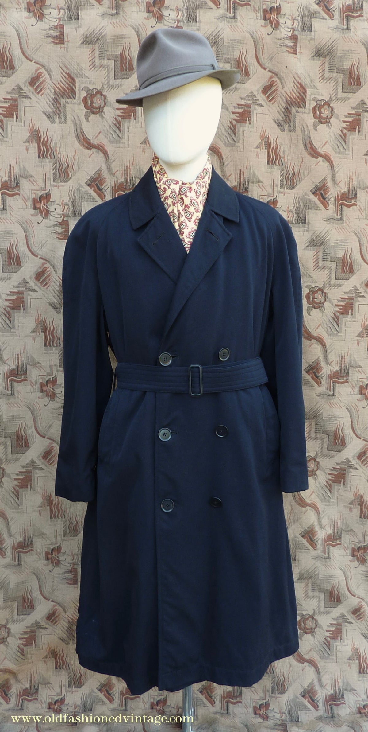 Vintage Mens 1950s Hornes Trenchcoat Navy Blue Gabardine Double Breasted Raincoat Mac 42"
