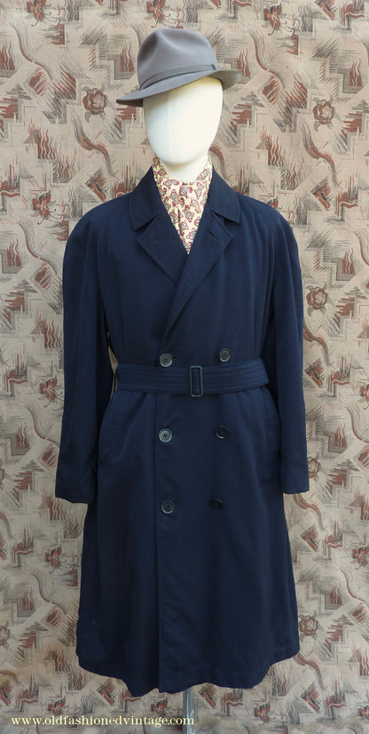 Vintage Mens 1950s Hornes Trenchcoat Navy Blue Gabardine Double Breasted Raincoat Mac 42"