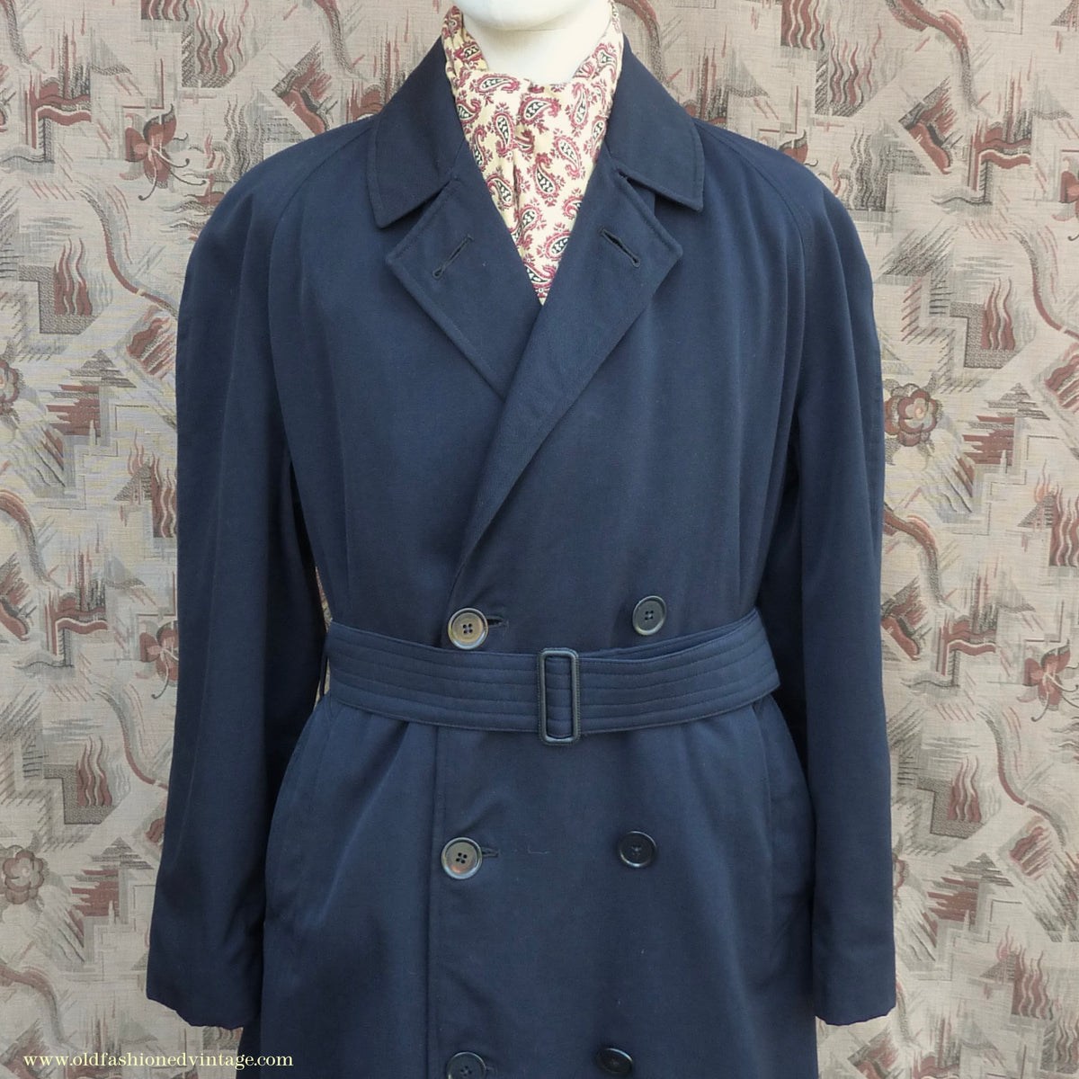 Vintage Mens 1950s Hornes Trenchcoat Navy Blue Gabardine Double Breasted Raincoat Mac 42"