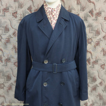 Vintage Mens 1950s Hornes Trenchcoat Navy Blue Gabardine Double Breasted Raincoat Mac 42"